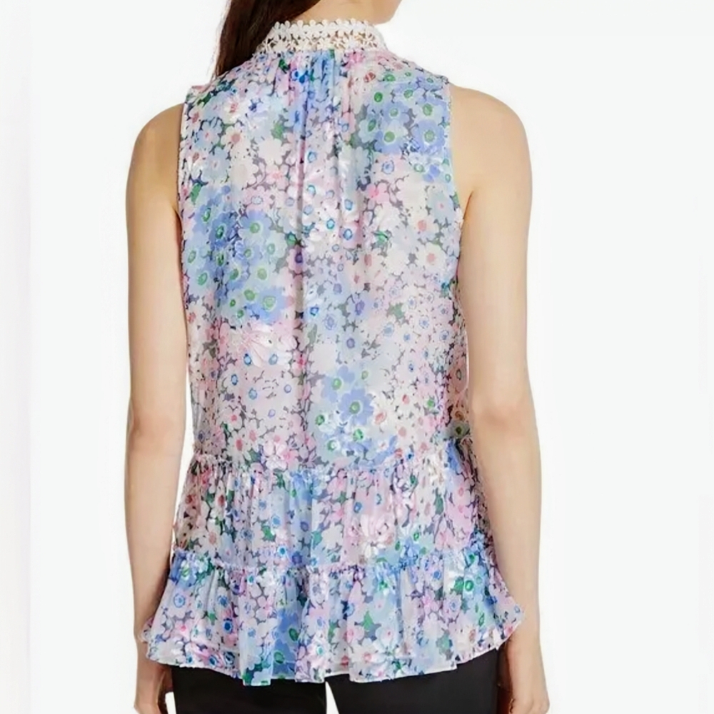 KATE SPADE Silk Lace Devore Blouse WOMEN'S L Pink Daisy Floral Romantic Ruffles - Picture 9 of 16